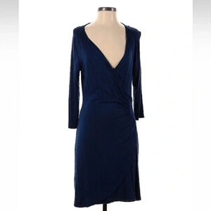 Neiman Marcus Navy Plunge Deep V Side Rouched Long Sleeve Cocktail Dress Size S